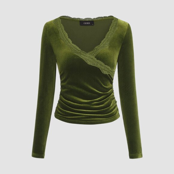 Velvet V-neck Solid Lace Ruched Long Sleeve Top NWT - Picture 1 of 1